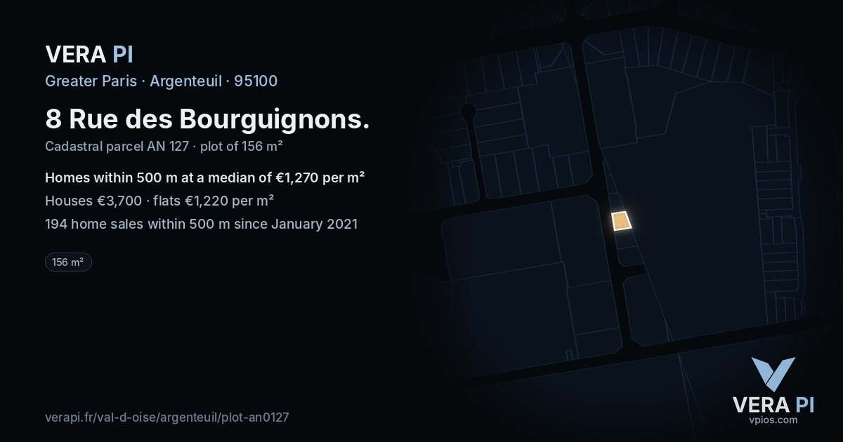 8 Rue des Bourguignons, Argenteuil at night – the plot lit, the parcels around coloured by the prices near them