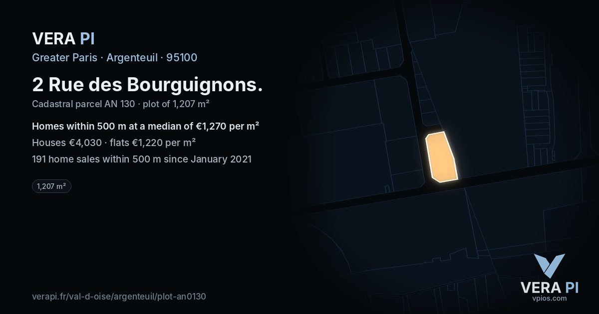2 Rue des Bourguignons, Argenteuil at night – the plot lit, the parcels around coloured by the prices near them