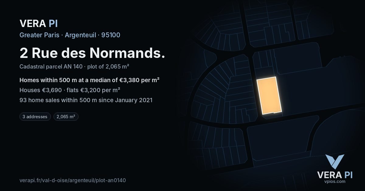2 Rue des Normands, Argenteuil at night – the plot lit, the parcels around coloured by the prices near them