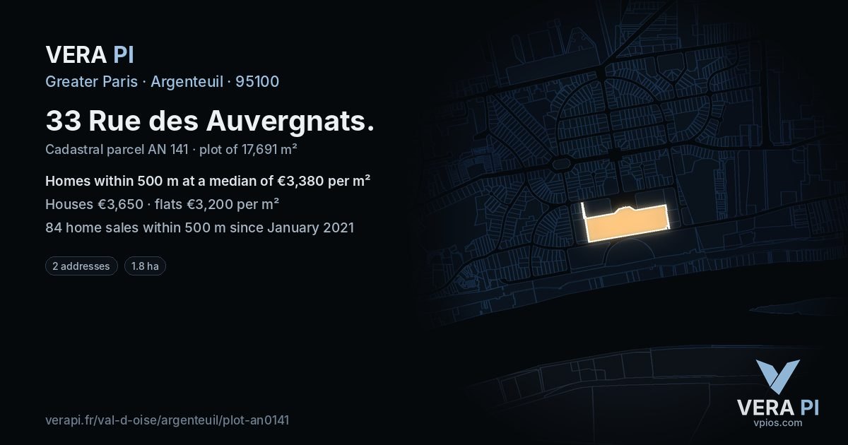 33 Rue des Auvergnats, Argenteuil at night – the plot lit, the parcels around coloured by the prices near them
