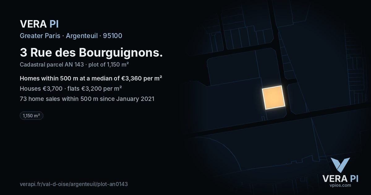3 Rue des Bourguignons, Argenteuil at night – the plot lit, the parcels around coloured by the prices near them