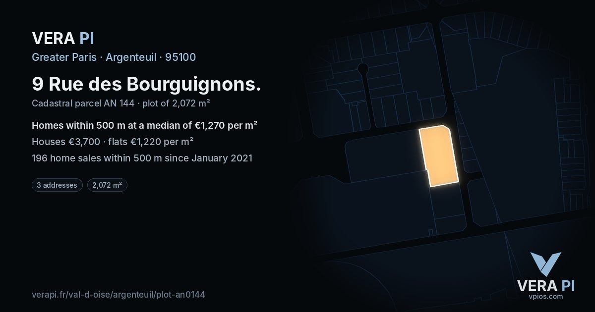 9 Rue des Bourguignons, Argenteuil at night – the plot lit, the parcels around coloured by the prices near them