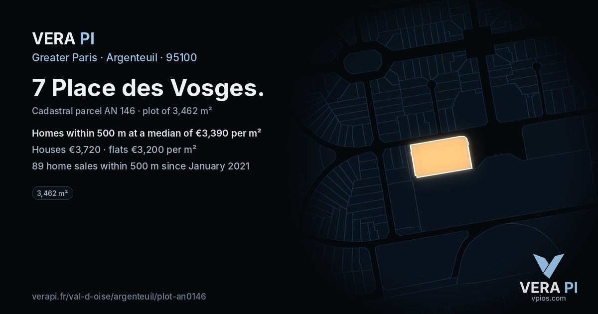 7 Place des Vosges, Argenteuil at night – the plot lit, the parcels around coloured by the prices near them