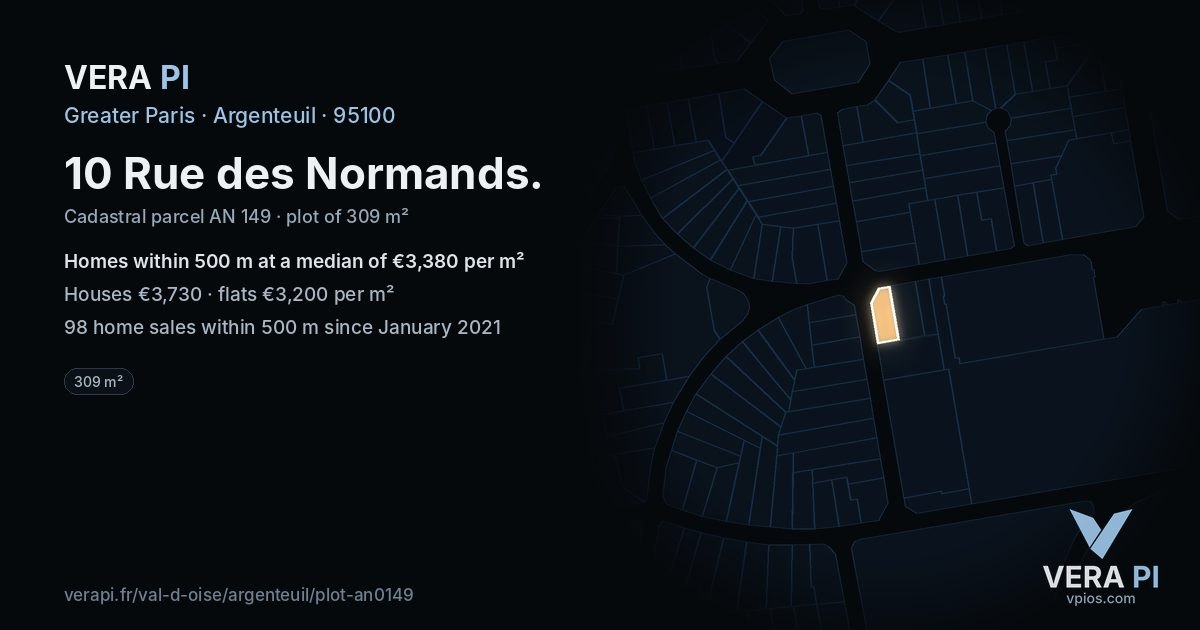 10 Rue des Normands, Argenteuil at night – the plot lit, the parcels around coloured by the prices near them