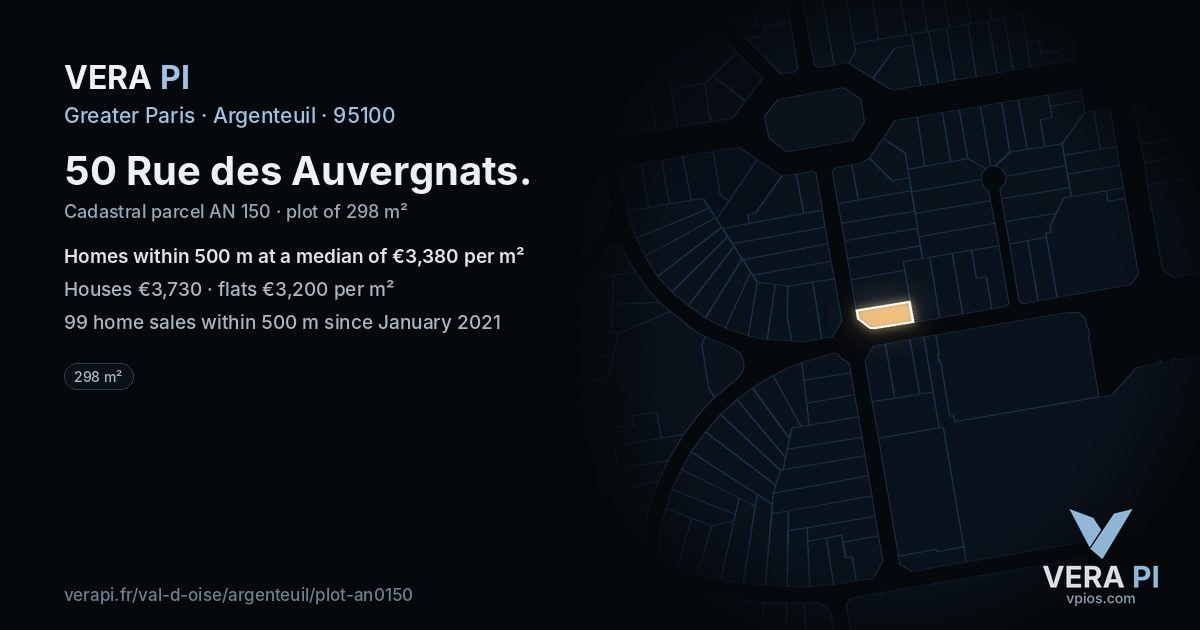 50 Rue des Auvergnats, Argenteuil at night – the plot lit, the parcels around coloured by the prices near them