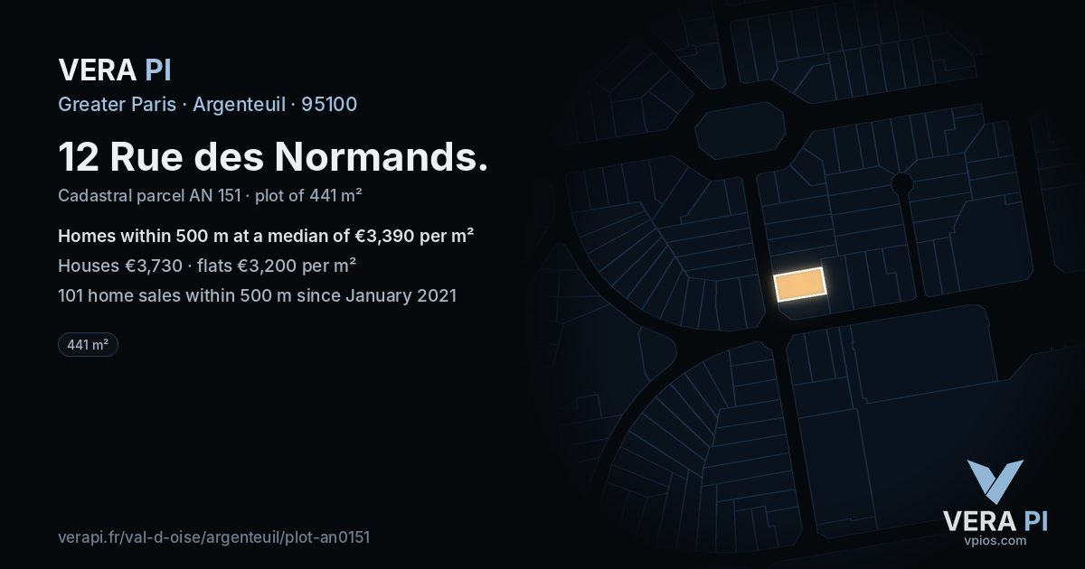 12 Rue des Normands, Argenteuil at night – the plot lit, the parcels around coloured by the prices near them