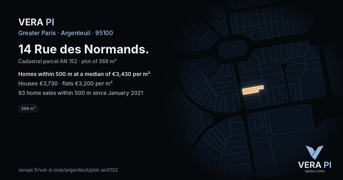 14 Rue des Normands, Argenteuil at night – the plot lit, the parcels around coloured by the prices near them