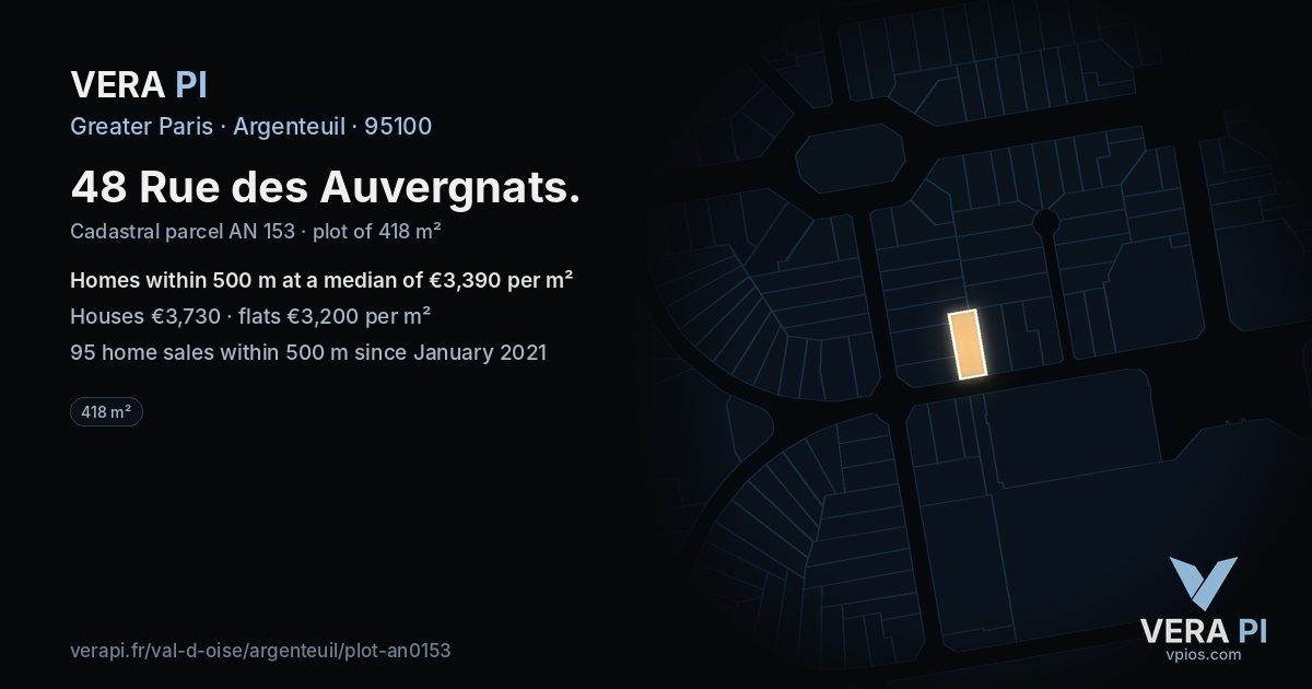 48 Rue des Auvergnats, Argenteuil at night – the plot lit, the parcels around coloured by the prices near them