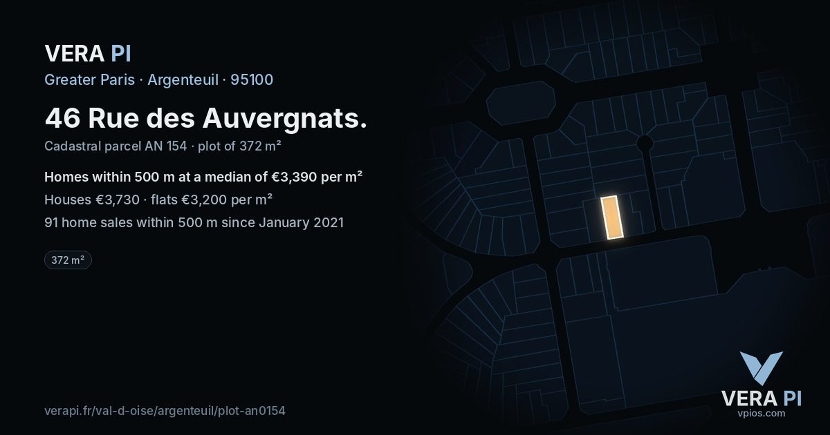 46 Rue des Auvergnats, Argenteuil at night – the plot lit, the parcels around coloured by the prices near them