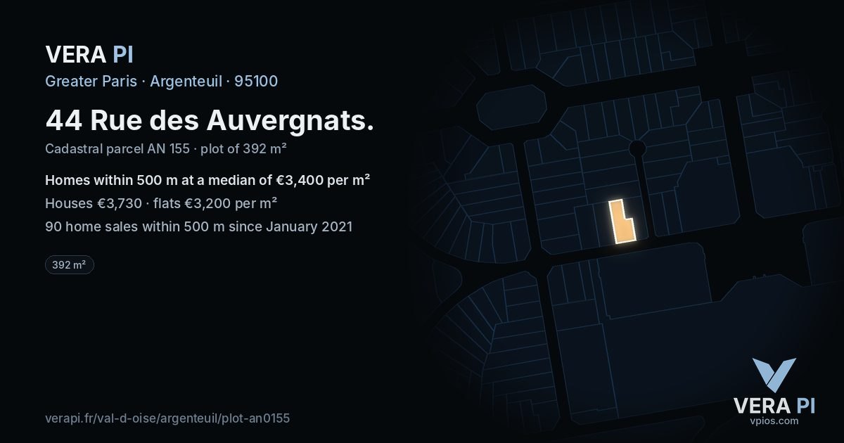 44 Rue des Auvergnats, Argenteuil at night – the plot lit, the parcels around coloured by the prices near them