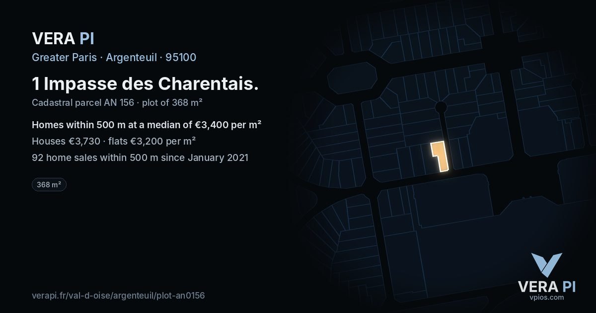 1 Impasse des Charentais, Argenteuil at night – the plot lit, the parcels around coloured by the prices near them