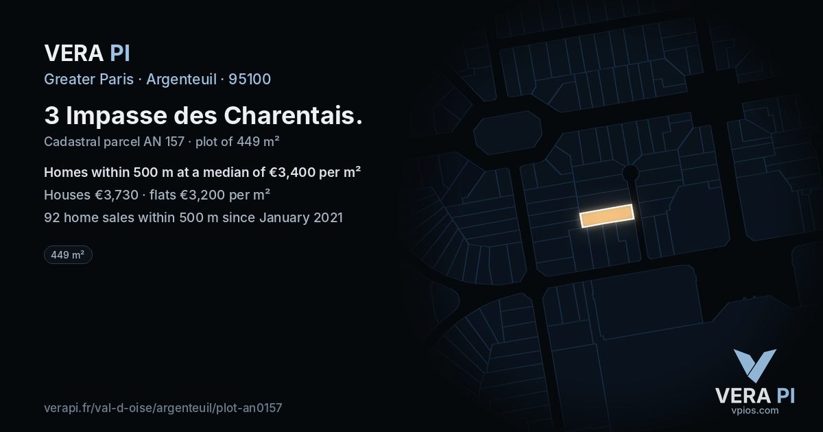 3 Impasse des Charentais, Argenteuil at night – the plot lit, the parcels around coloured by the prices near them
