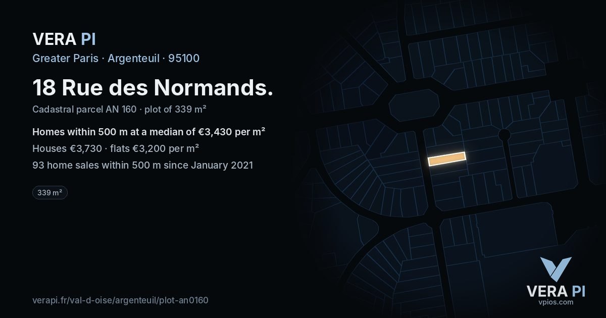 18 Rue des Normands, Argenteuil at night – the plot lit, the parcels around coloured by the prices near them