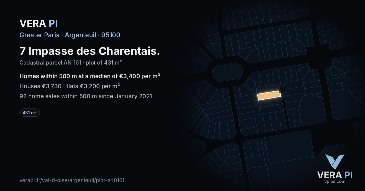 7 Impasse des Charentais, Argenteuil at night – the plot lit, the parcels around coloured by the prices near them