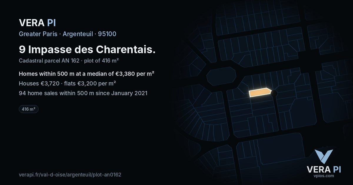 9 Impasse des Charentais, Argenteuil at night – the plot lit, the parcels around coloured by the prices near them