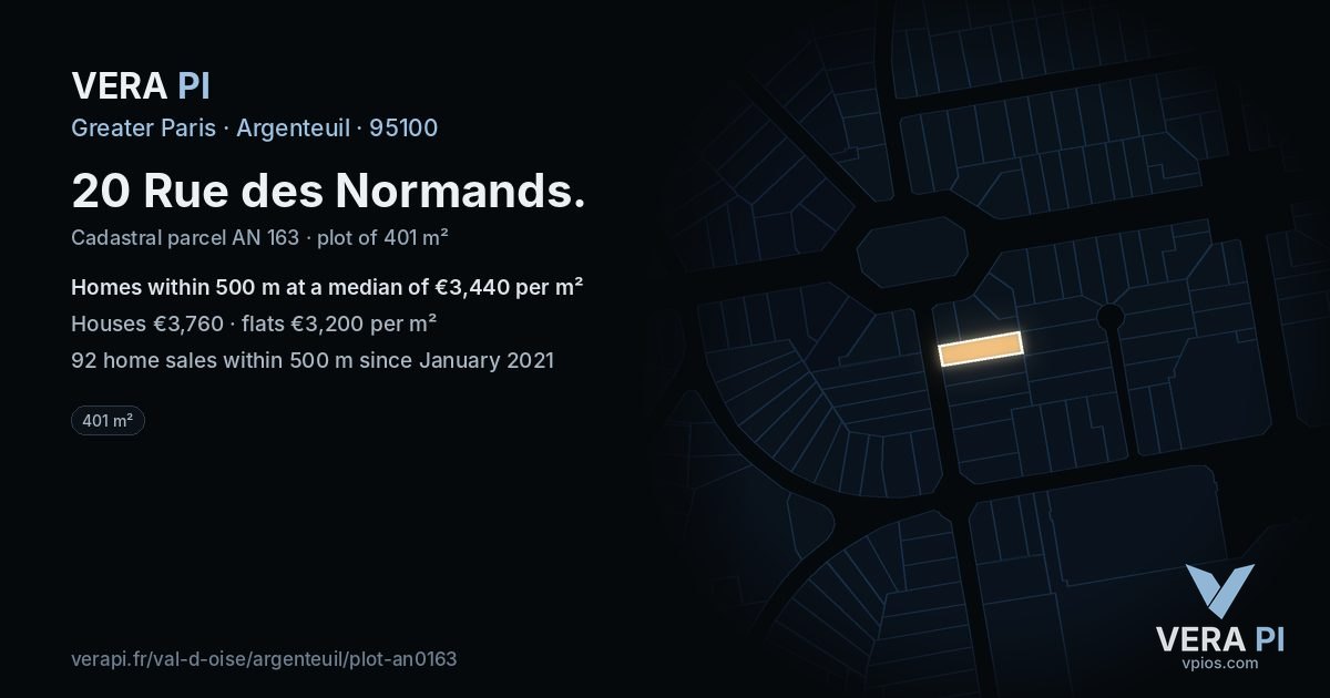 20 Rue des Normands, Argenteuil at night – the plot lit, the parcels around coloured by the prices near them