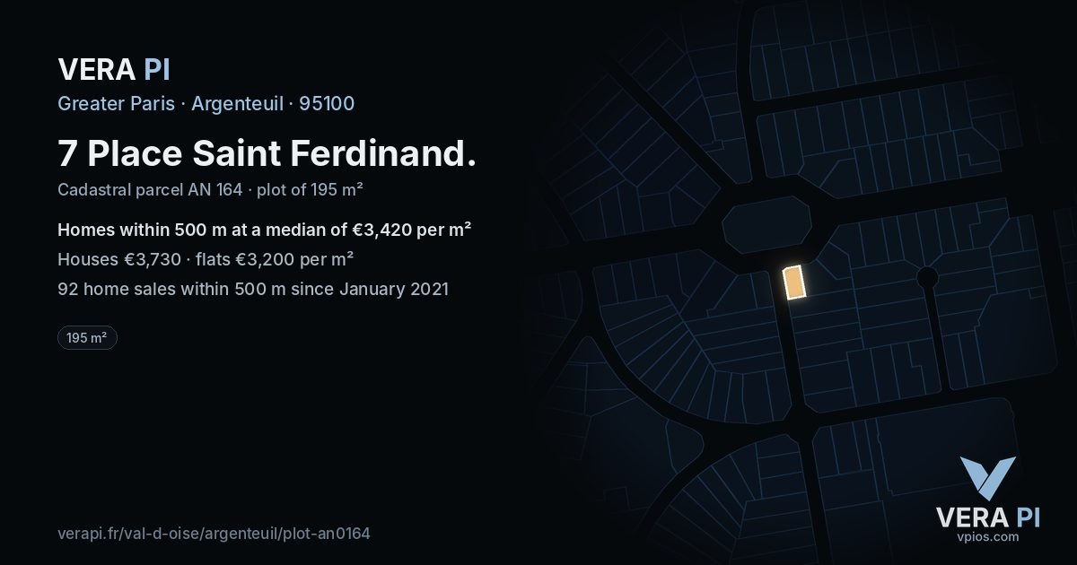 7 Place Saint Ferdinand, Argenteuil at night – the plot lit, the parcels around coloured by the prices near them