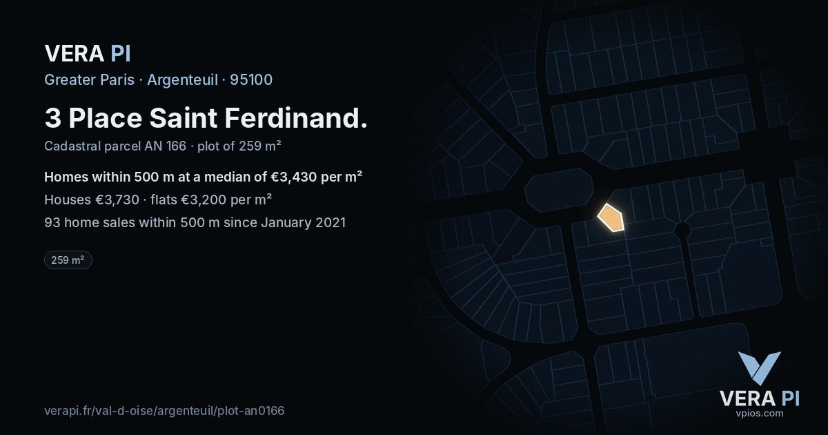 3 Place Saint Ferdinand, Argenteuil at night – the plot lit, the parcels around coloured by the prices near them