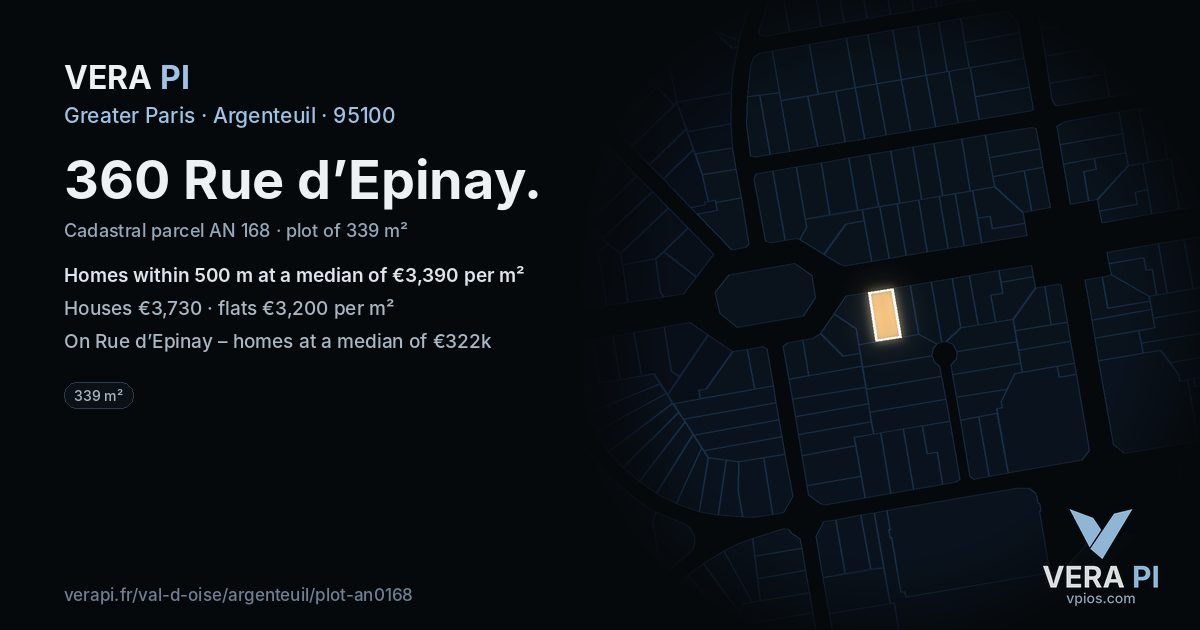 360 Rue d’Epinay, Argenteuil at night – the plot lit, the parcels around coloured by the prices near them