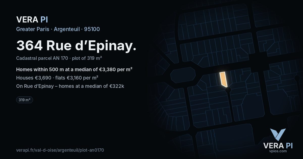 364 Rue d’Epinay, Argenteuil at night – the plot lit, the parcels around coloured by the prices near them