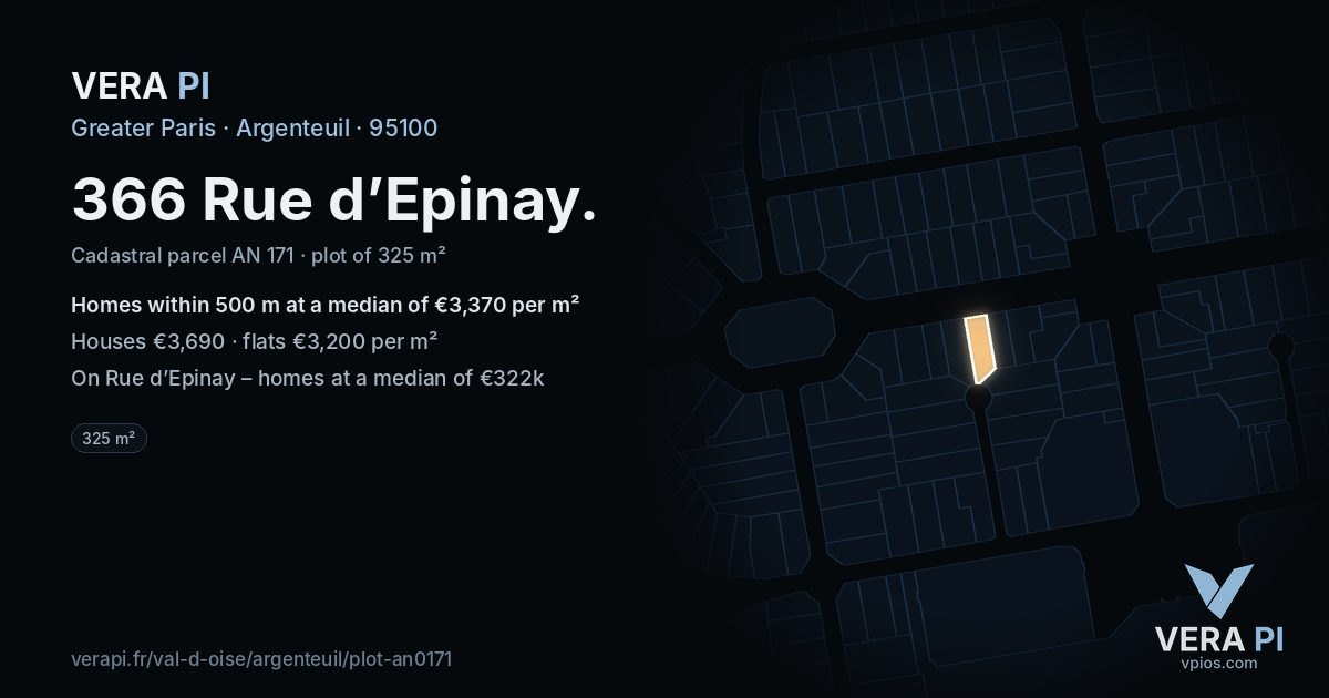 366 Rue d’Epinay, Argenteuil at night – the plot lit, the parcels around coloured by the prices near them