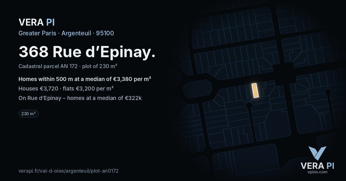 368 Rue d’Epinay, Argenteuil at night – the plot lit, the parcels around coloured by the prices near them