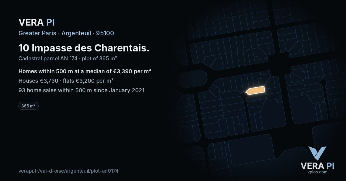 10 Impasse des Charentais, Argenteuil at night – the plot lit, the parcels around coloured by the prices near them