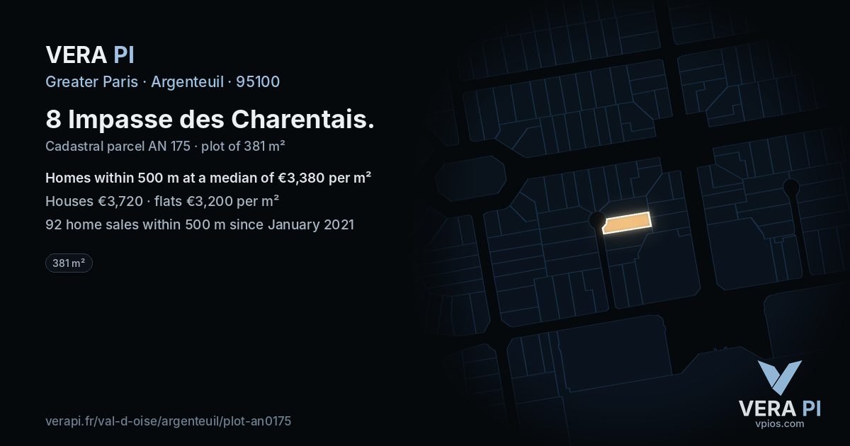 8 Impasse des Charentais, Argenteuil at night – the plot lit, the parcels around coloured by the prices near them