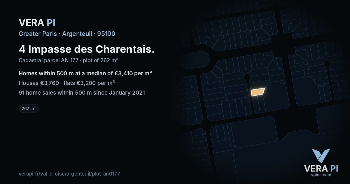 4 Impasse des Charentais, Argenteuil at night – the plot lit, the parcels around coloured by the prices near them