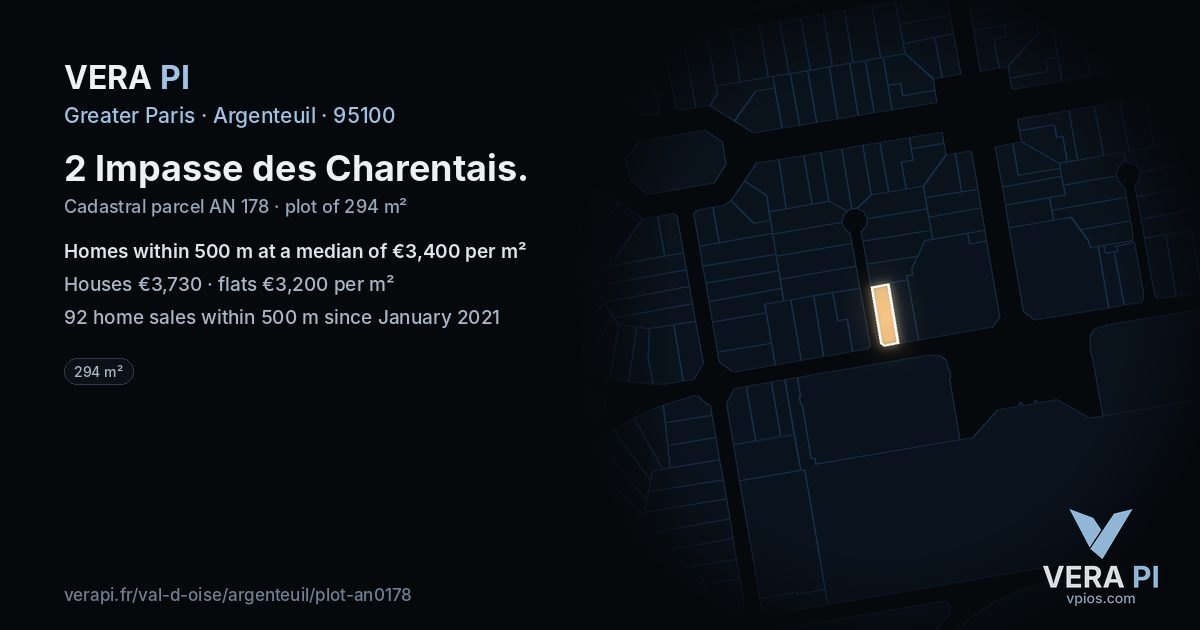 2 Impasse des Charentais, Argenteuil at night – the plot lit, the parcels around coloured by the prices near them