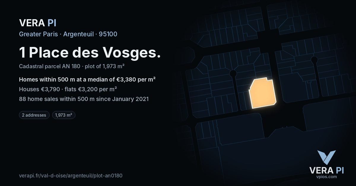1 Place des Vosges, Argenteuil at night – the plot lit, the parcels around coloured by the prices near them