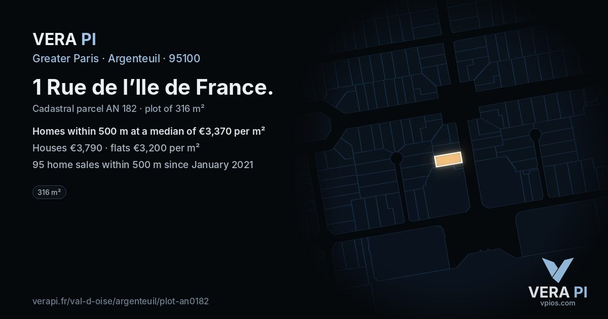 1 Rue de l’Ile de France, Argenteuil at night – the plot lit, the parcels around coloured by the prices near them