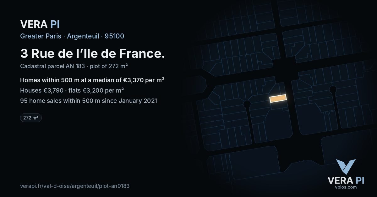3 Rue de l’Ile de France, Argenteuil at night – the plot lit, the parcels around coloured by the prices near them