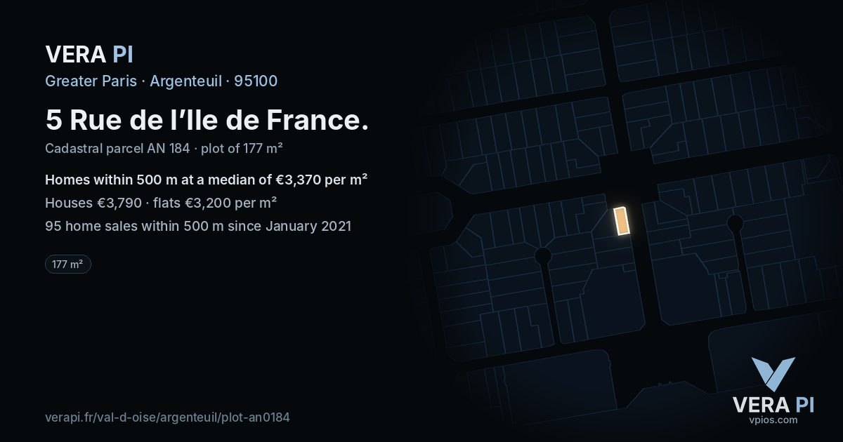 5 Rue de l’Ile de France, Argenteuil at night – the plot lit, the parcels around coloured by the prices near them