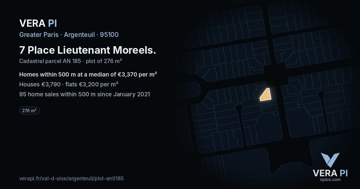 7 Place Lieutenant Moreels, Argenteuil at night – the plot lit, the parcels around coloured by the prices near them