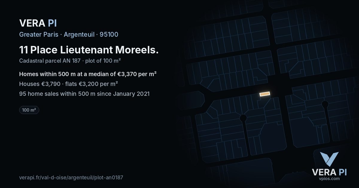 11 Place Lieutenant Moreels, Argenteuil at night – the plot lit, the parcels around coloured by the prices near them