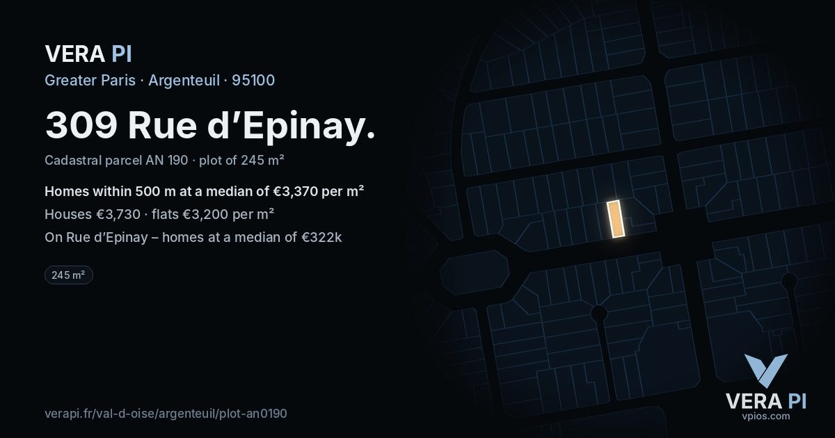 309 Rue d’Epinay, Argenteuil at night – the plot lit, the parcels around coloured by the prices near them