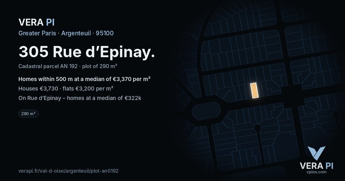 305 Rue d’Epinay, Argenteuil at night – the plot lit, the parcels around coloured by the prices near them
