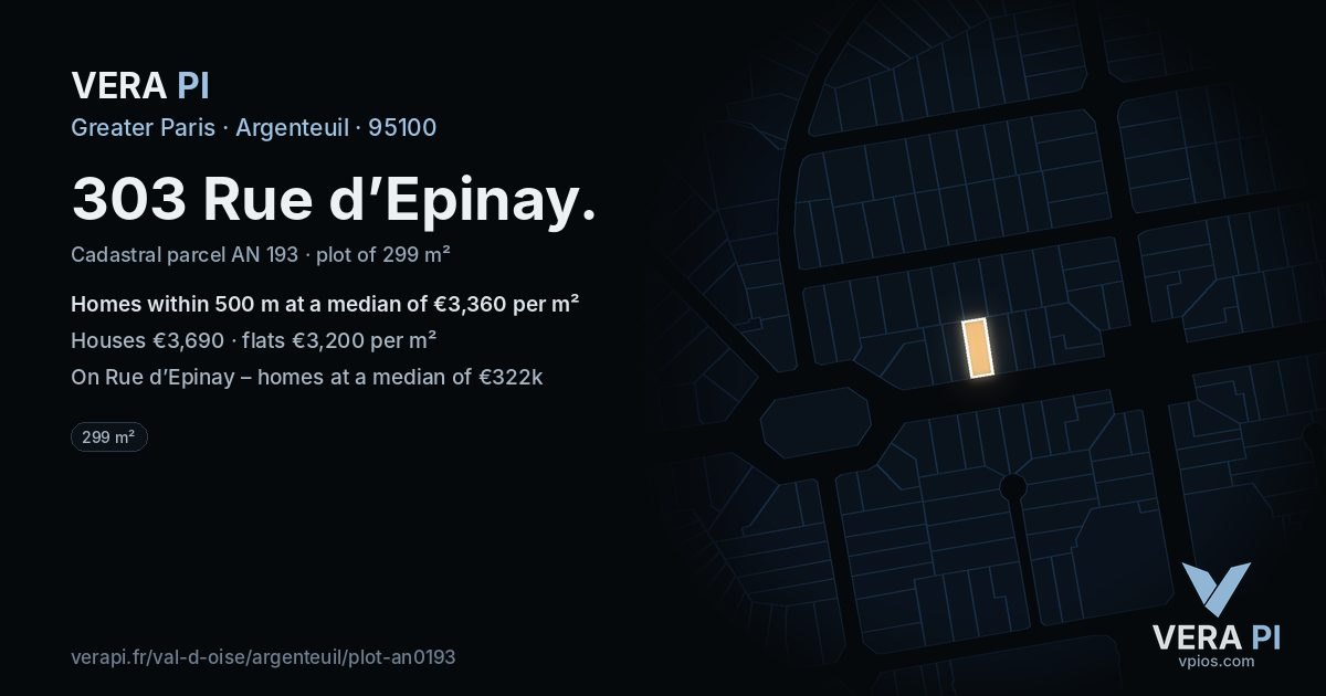 303 Rue d’Epinay, Argenteuil at night – the plot lit, the parcels around coloured by the prices near them