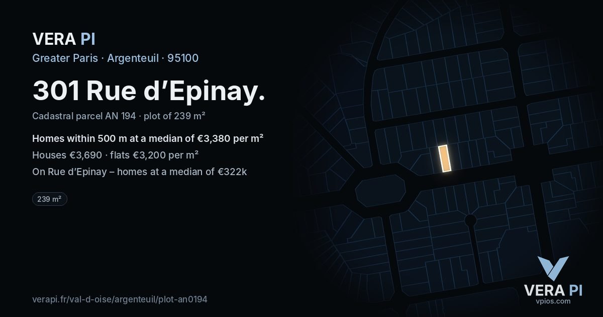 301 Rue d’Epinay, Argenteuil at night – the plot lit, the parcels around coloured by the prices near them