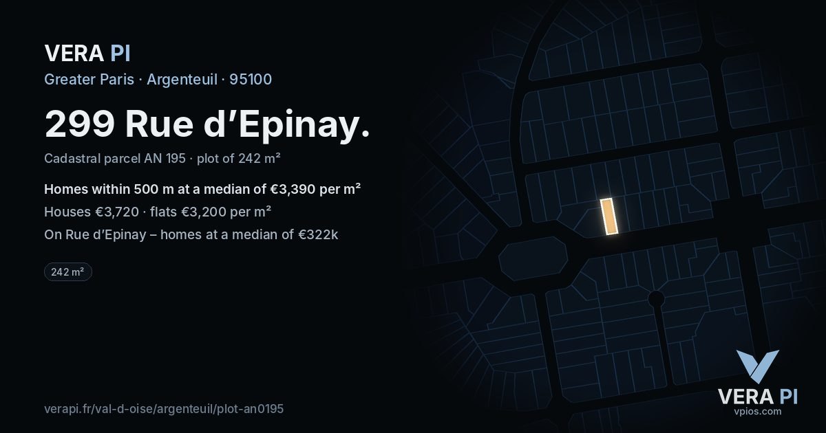 299 Rue d’Epinay, Argenteuil at night – the plot lit, the parcels around coloured by the prices near them
