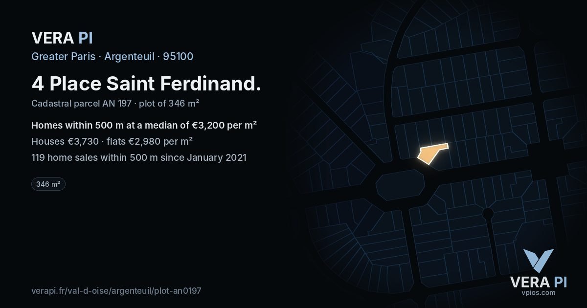 4 Place Saint Ferdinand, Argenteuil at night – the plot lit, the parcels around coloured by the prices near them