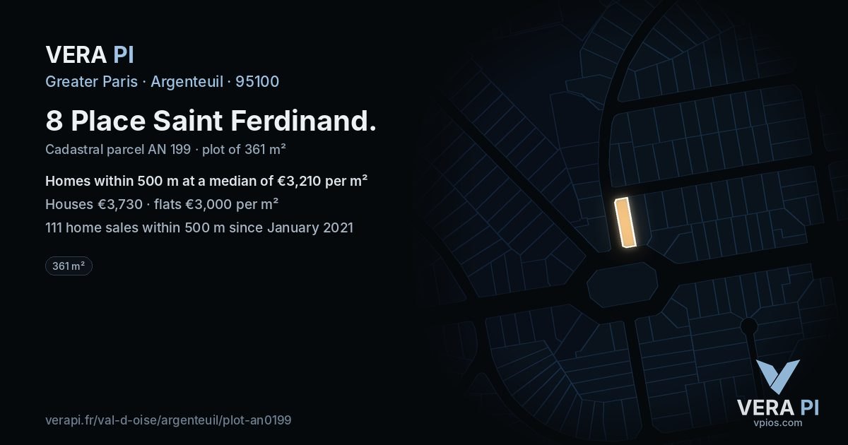 8 Place Saint Ferdinand, Argenteuil at night – the plot lit, the parcels around coloured by the prices near them
