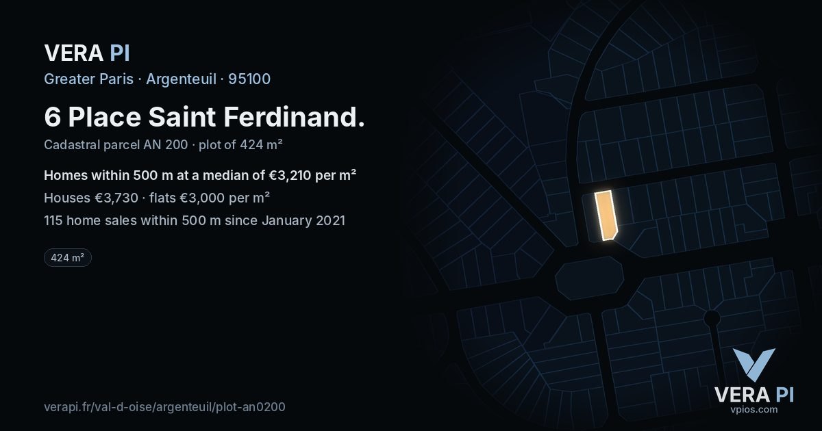 6 Place Saint Ferdinand, Argenteuil at night – the plot lit, the parcels around coloured by the prices near them