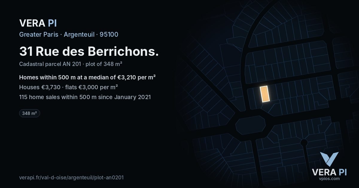31 Rue des Berrichons, Argenteuil at night – the plot lit, the parcels around coloured by the prices near them