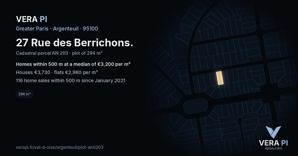 27 Rue des Berrichons, Argenteuil at night – the plot lit, the parcels around coloured by the prices near them