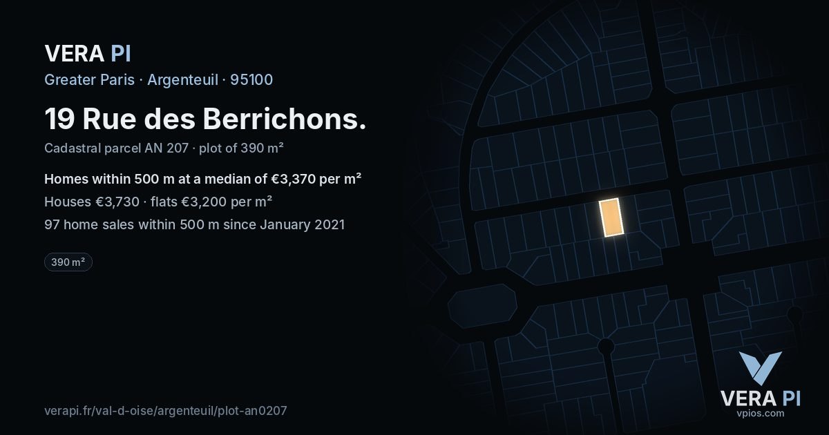 19 Rue des Berrichons, Argenteuil at night – the plot lit, the parcels around coloured by the prices near them