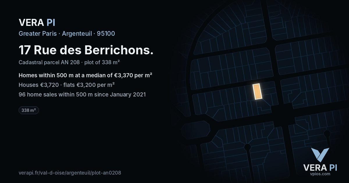 17 Rue des Berrichons, Argenteuil at night – the plot lit, the parcels around coloured by the prices near them