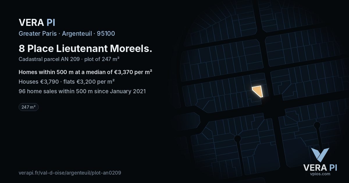 8 Place Lieutenant Moreels, Argenteuil at night – the plot lit, the parcels around coloured by the prices near them