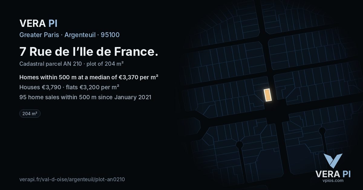 7 Rue de l’Ile de France, Argenteuil at night – the plot lit, the parcels around coloured by the prices near them